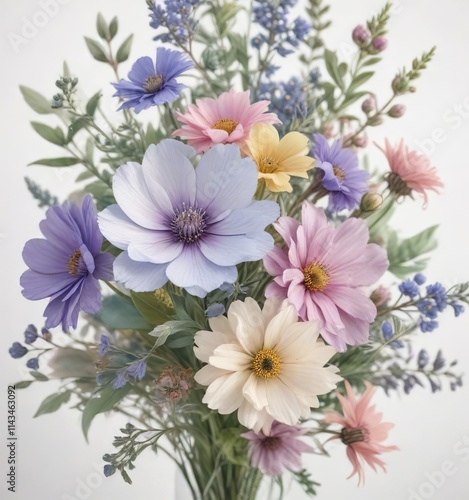 Soft pastel hues of a watercolor wild flower bouquet on a white background, soft, pastel colors