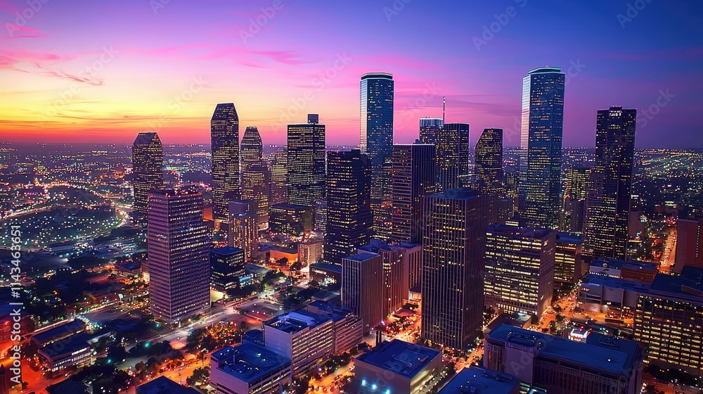Fototapeta premium An aerial view of a bustling city skyline during dusk, with colorful lights illuminating skyscrapers, symbolizing the dynamic nature of urban business activity.