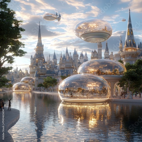 Surreal Futuristic Cityscape with Floating Spheres and Reflective Water