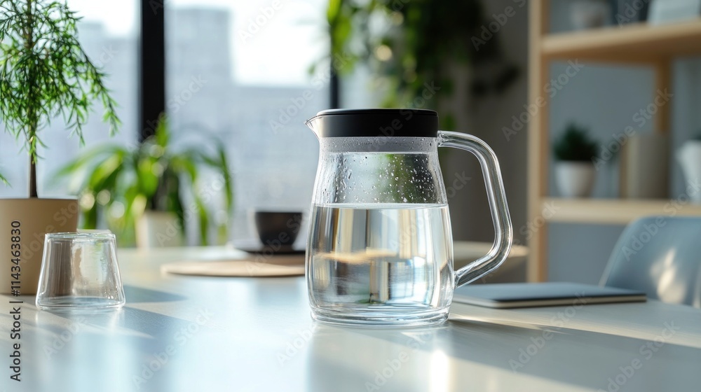 A glass pitcher filled with water on a table. A glass pitcher filled with water on a table.