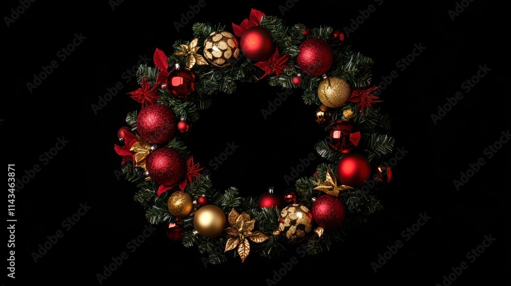 A Festive Christmas Wreath Adorned with Red and Gold Ornaments A Festive Christmas Wreath Adorned with Red and Gold Ornaments