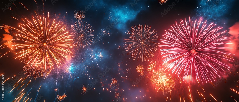 Fototapeta premium Vivid fireworks exploding in the night sky, vibrant colors and sparkling trails, a mesmerizing celebration with a dark starry backdrop