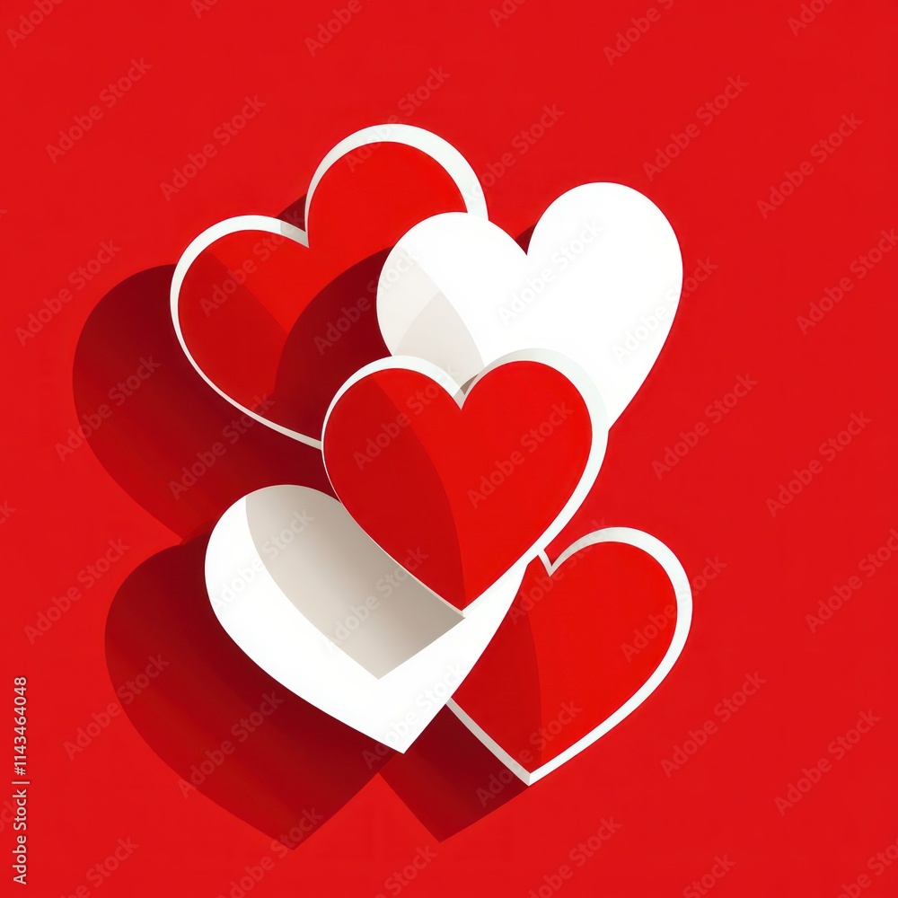 Monochrome red and white overlapping hearts on a solid, vibrant backdrop. Monochrome red and white overlapping hearts on a solid, vibrant backdrop.