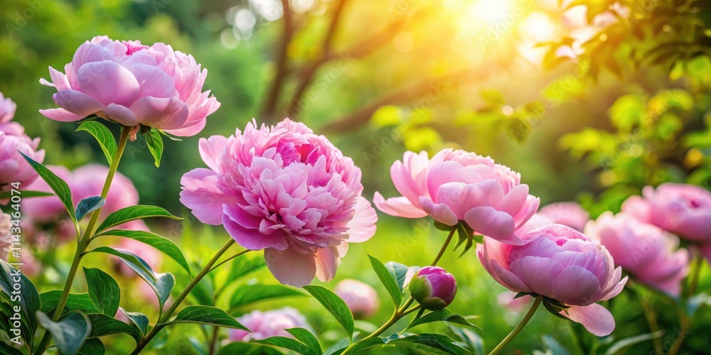 Fototapeta premium Soft pink peonies blooming in a garden amidst lush greenery and sunlight filtering through the trees, floral, nature