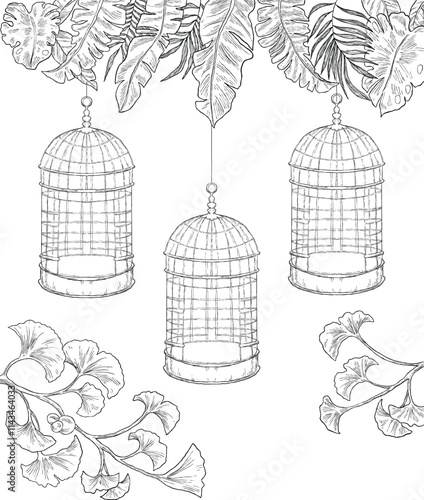 Tropical plant and cage wild sketch border and frame illustration