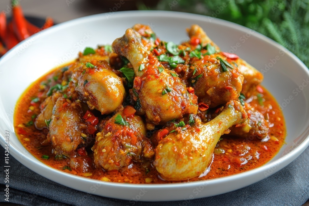Spicy chicken drumsticks in a rich, red sauce, garnished with fresh herbs. Perfect for illustrating recipes, food blogs, or restaurant menus featuring flavorful dishes. Spicy chicken drumsticks in a rich, red sauce, garnished with fresh herbs. Perfect for illustrating recipes, food blogs, or restaurant menus featuring flavorful dishes.