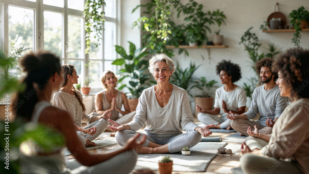 Fototapeta premium Senior smiling instructor woman leading diverse group of people in cross-legged seated position on yoga mats, meditating in bright room with plants. Indoor yoga or mindfulness meditation session