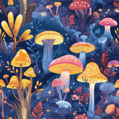 An artistic depiction of a vivid forest filled with colorful mushrooms, lush plants, and glowing lights, evoking a lively fantasy world. AI generated. photo