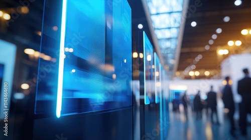A sleek trade show banner showcasing a tech product  featuring a futuristic blue color scheme  placed in an exhibition hall with soft lighting and an engaged audience.