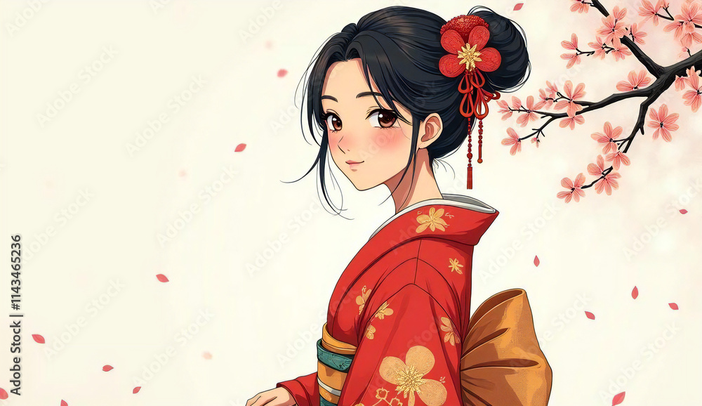 Fototapeta premium beautiful Japanese woman in a red kimono under the cherry blossoms