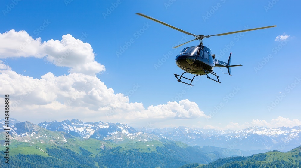 Peak travel blends adventure with luxury. Helicopter flying over mountains with a clear blue sky. Peak travel blends adventure with luxury. Helicopter flying over mountains with a clear blue sky.