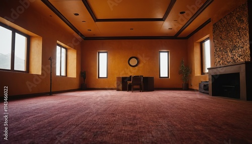 Modern museum interior with an empty frame on a living room panel wall 3D Rendering 4514