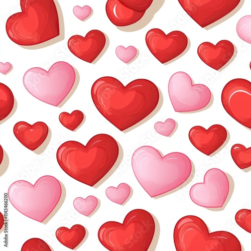 Overlapping red and pink hearts form a seamless pattern on a white background with crimson accents.