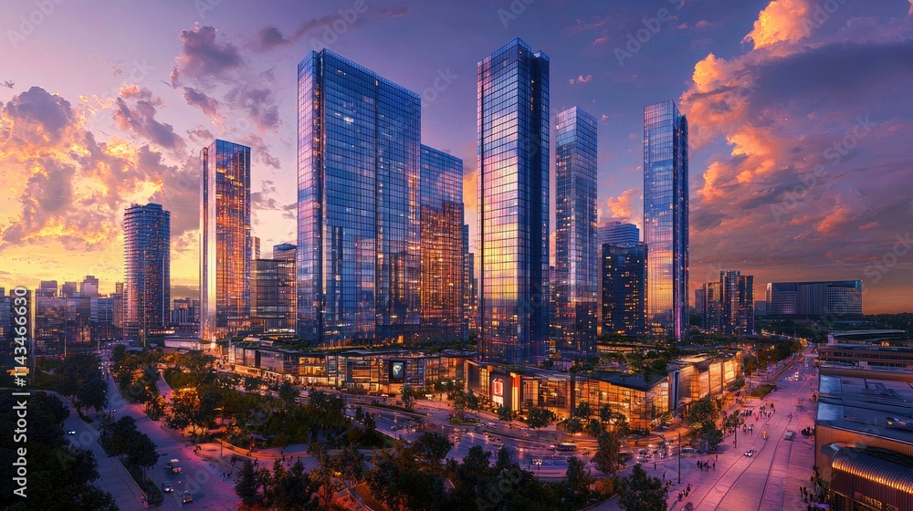 Fototapeta premium A panoramic view of a bustling city skyline at sunset, featuring tall buildings and warm orange and purple hues reflecting off the glass surfaces, symbolizing opportunity