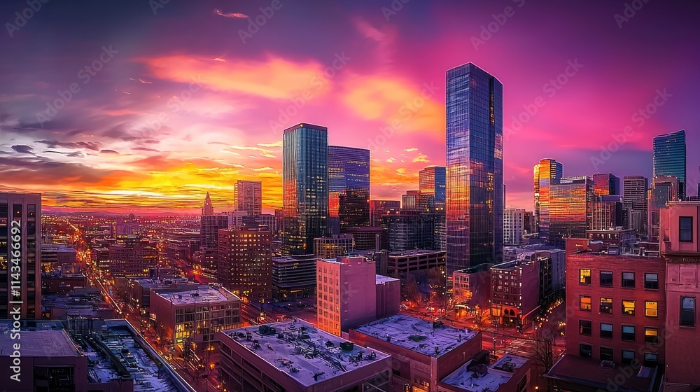 Obraz premium A panoramic view of a bustling city skyline at sunset, featuring tall buildings and warm orange and purple hues reflecting off the glass surfaces, symbolizing opportunity