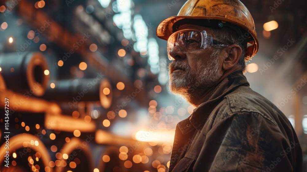 Male worker inspecting steel in factory, AI generated image Male worker inspecting steel in factory, AI generated image