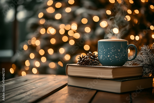 Cozy Winter Setup with Steaming Cocoa, Holiday Books, and Twinkling Christmas Lights