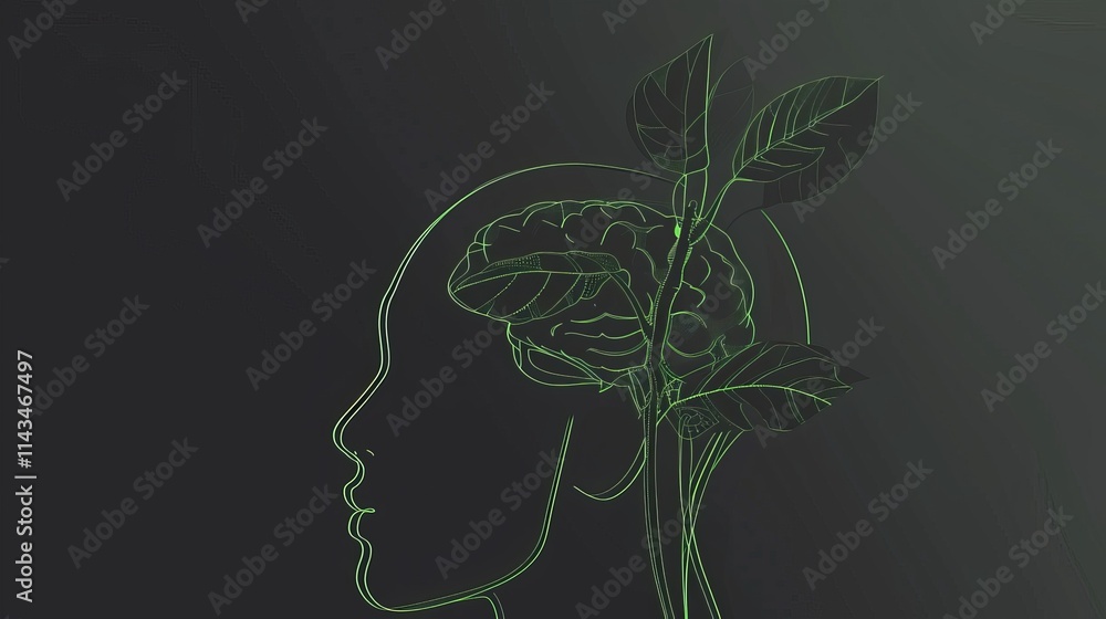 Minimalist green line art of a human profile with a brain and plant seamlessly merging, symbolizing nature and consciousness. AI generated. Minimalist green line art of a human profile with a brain and plant seamlessly merging, symbolizing nature and consciousness. AI generated.