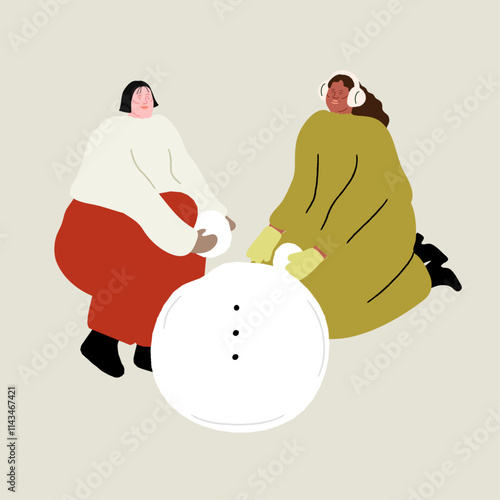Two people making a snowman Vector Illustration. 