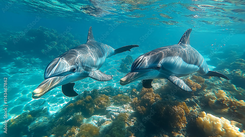 Fototapeta premium Two dolphins glide gracefully through clear turquoise water, surrounded by sunlight reflections and vibrant coral reefs in a peaceful underwater scene.