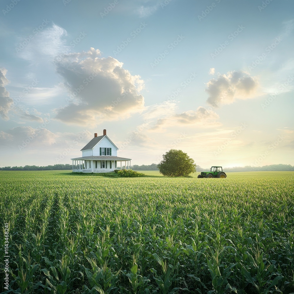 Serene Farmhouse Surrounded by Lush Green Cornfield at Golden Hour with Tractor in Rural Landscape of Tranquil Countryside in Soft Light and Clear Blue Sky Serene Farmhouse Surrounded by Lush Green Cornfield at Golden Hour with Tractor in Rural Landscape of Tranquil Countryside in Soft Light and Clear Blue Sky