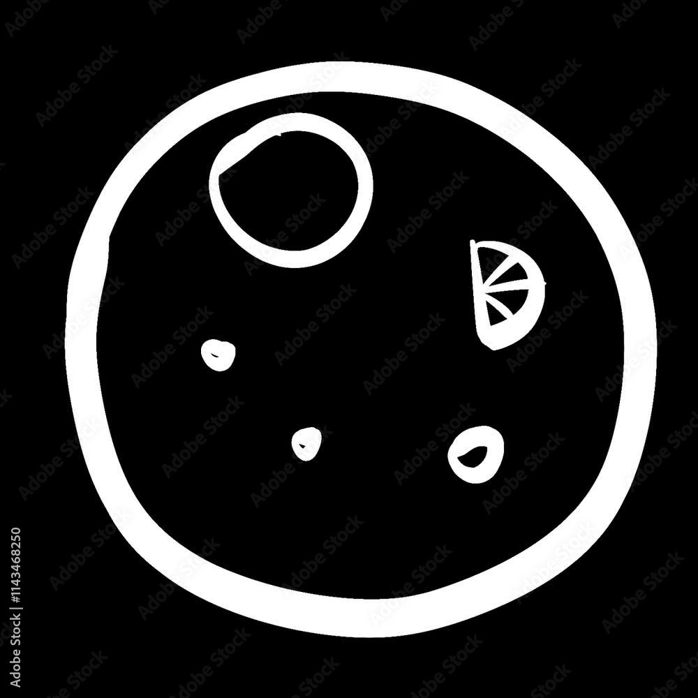 Simple black and white illustration of a circular plate with a lemon slice and bubbles. Simple black and white illustration of a circular plate with a lemon slice and bubbles.
