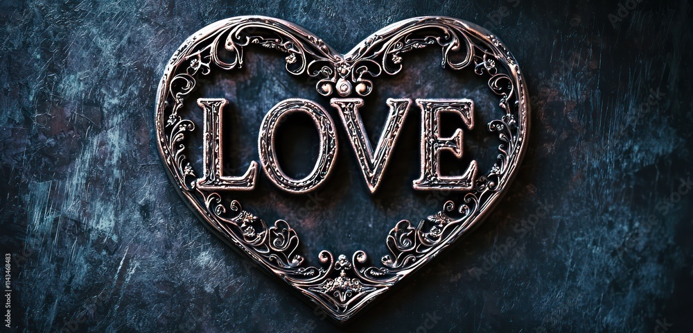3D LOVE word in a filigree heart shape, designed with intricate detailing on a dark backdrop. 3D LOVE word in a filigree heart shape, designed with intricate detailing on a dark backdrop.