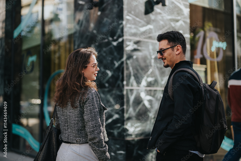 Fototapeta premium A man and a woman, dressed in professional attire, engage in conversation outside a contemporary building. They appear to be business colleagues discussing work or sharing ideas in a casual setting.