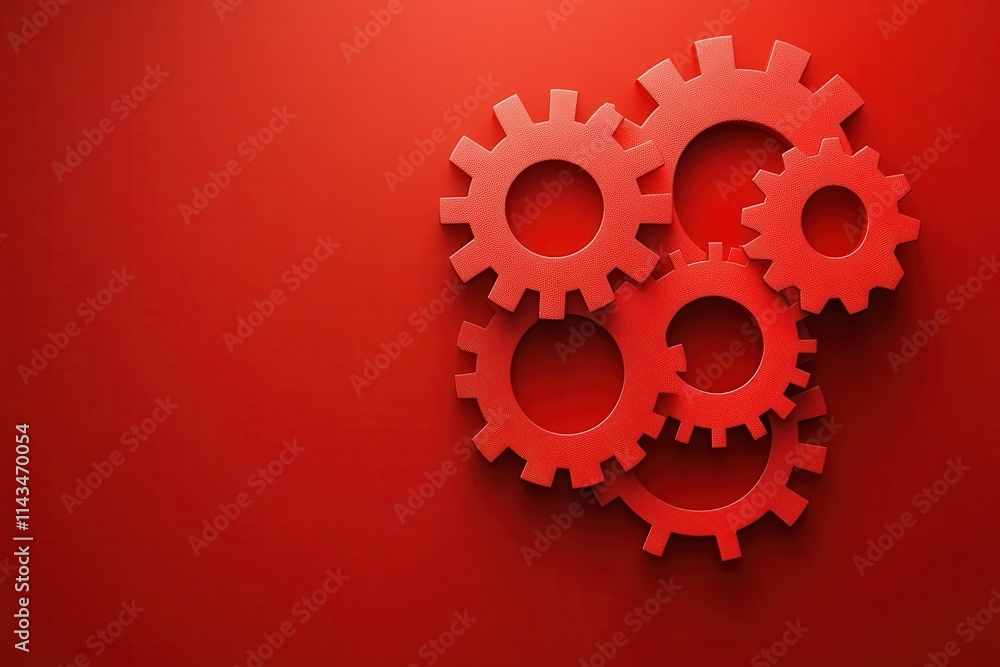Red Cogs and Gears Arrangement on a Vibrant Red Background Illustrating Mechanical Engineering and Industry Concepts in a Modern Design Context