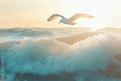 Seagull in flight over crashing waves at sunset. Perfect for travel, freedom, or nature themes. photo