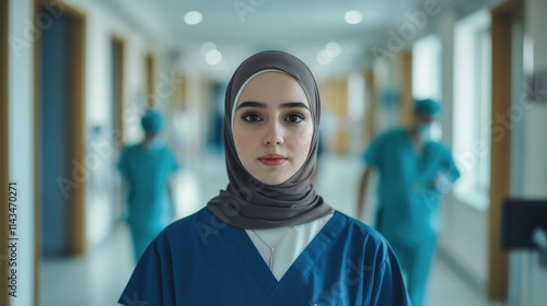 A confident young woman in a hijab and surgical gown