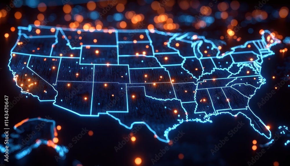 Cyberpunk Map of the USA with Cyber Shield and Encrypted Data Symbols for National Data Protection Cyberpunk Map of the USA with Cyber Shield and Encrypted Data Symbols for National Data Protection