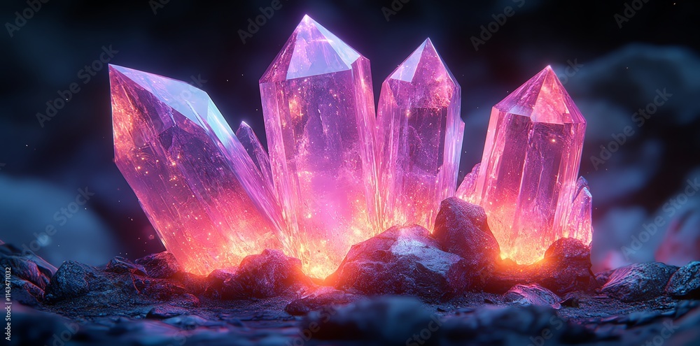 A cluster of vibrant, glowing crystals with a mystical appearance. A cluster of vibrant, glowing crystals with a mystical appearance.