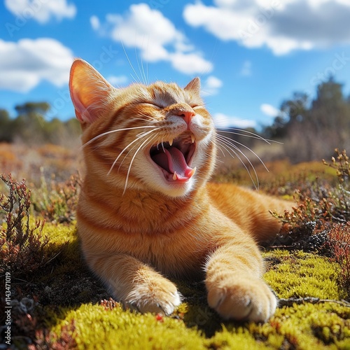 Happy orange cat yawning in a sunny meadow. photo