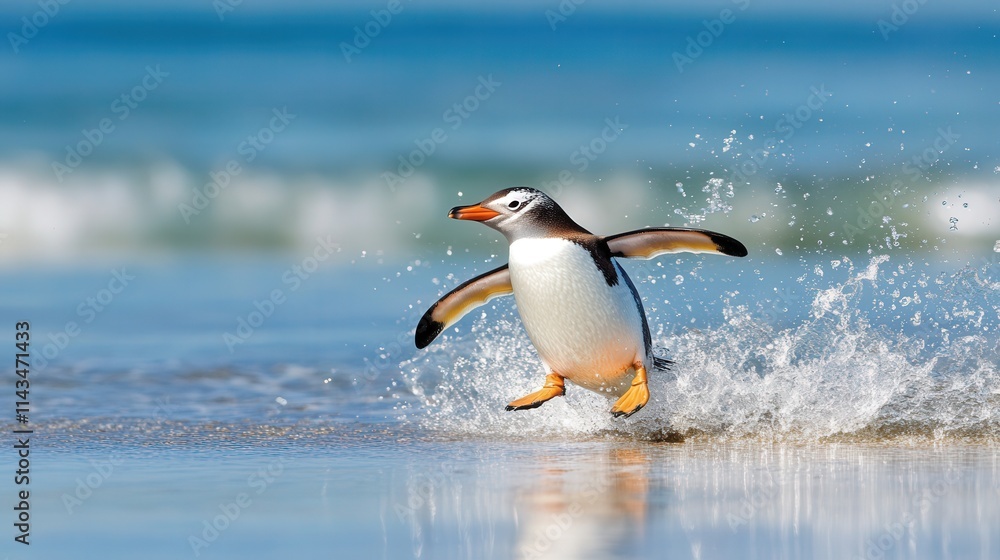 Fototapeta premium penguin playing and running on ice