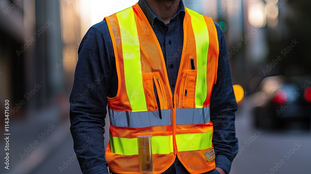 A high-visibility safety vest designed to enhance protection and visibility in outdoor or construction settings, paired with a translucent backdrop. A high-visibility safety vest designed to enhance protection and visibility in outdoor or construction settings, paired with a translucent backdrop.