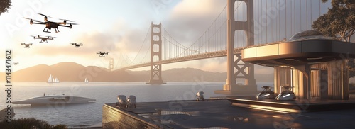 Futuristic Transportation Hub with Drones and Flying Cars near Golden Gate Bridge