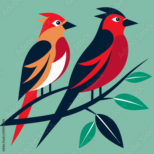 A stylized two birds perched on a branch