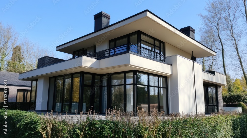 Modern house with large windows and balconies. Modern house with large windows and balconies.