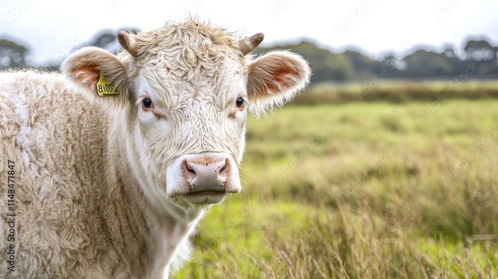 Portrait of a Young White Cow in a Lush Green Pasture, Peaceful Farm Animal Scene Portrait of a Young White Cow in a Lush Green Pasture, Peaceful Farm Animal Scene