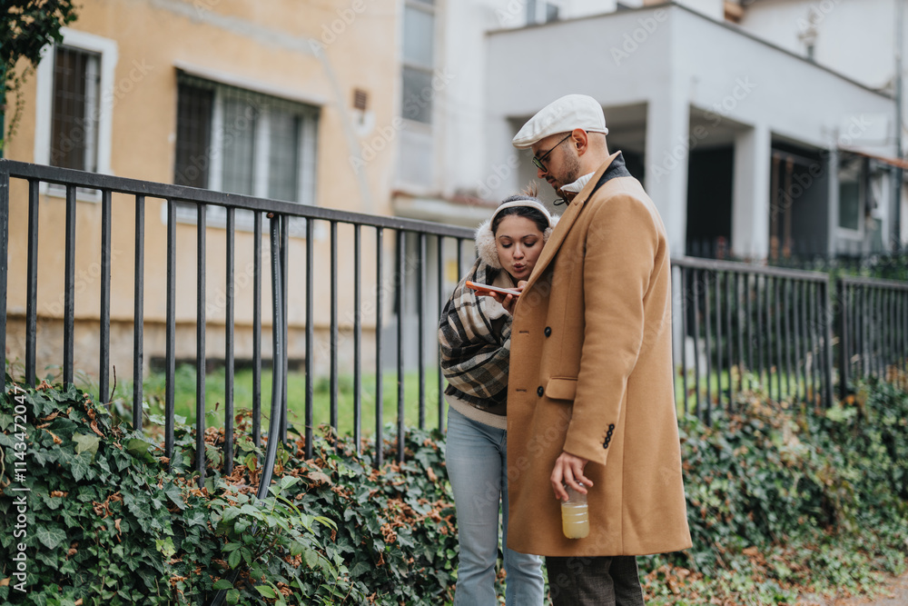 A young couple stands closely, engrossed in something on their phone while outdoors. The weather is cool, and they are dressed warmly, suggesting an autumn or winter setting. A young couple stands closely, engrossed in something on their phone while outdoors. The weather is cool, and they are dressed warmly, suggesting an autumn or winter setting.