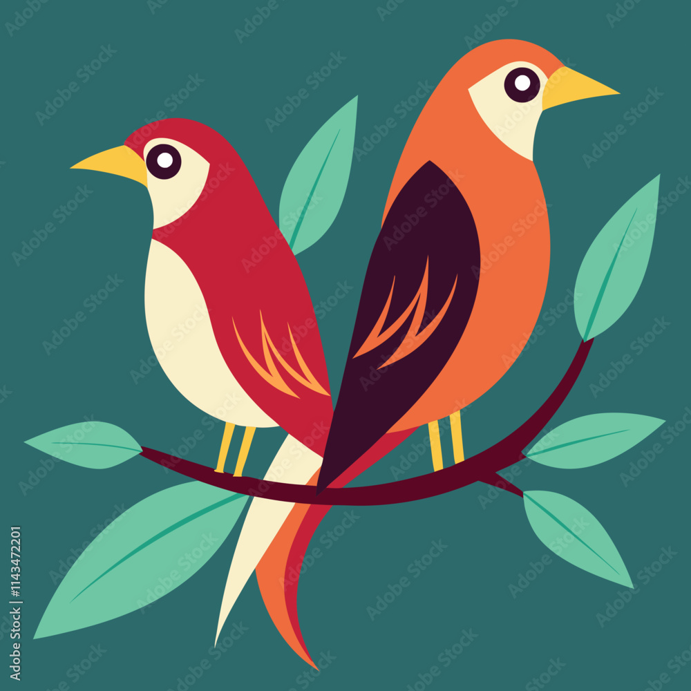 A stylized two birds perched on a branch A stylized two birds perched on a branch