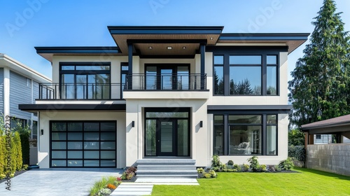 Modern two-story house with large windows and lawn.