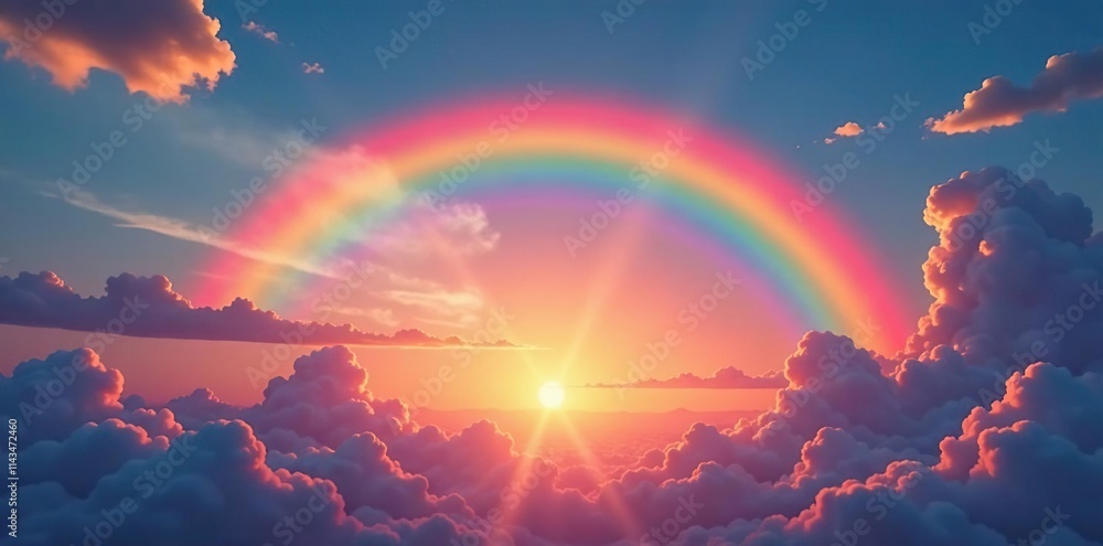 A beautiful rainbow arcing across the sky at sunset, colorful, clouds, glowing A beautiful rainbow arcing across the sky at sunset, colorful, clouds, glowing