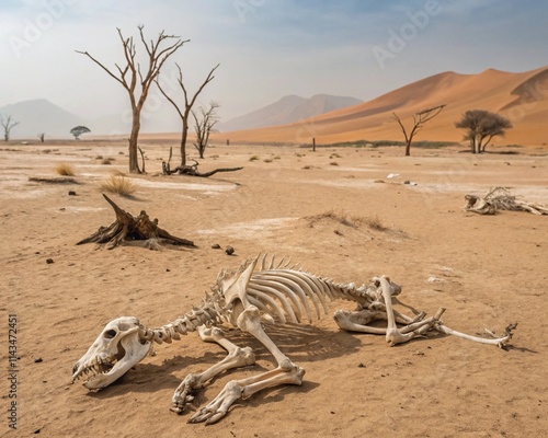 Skeletons of wild animals in the scorching desert photo