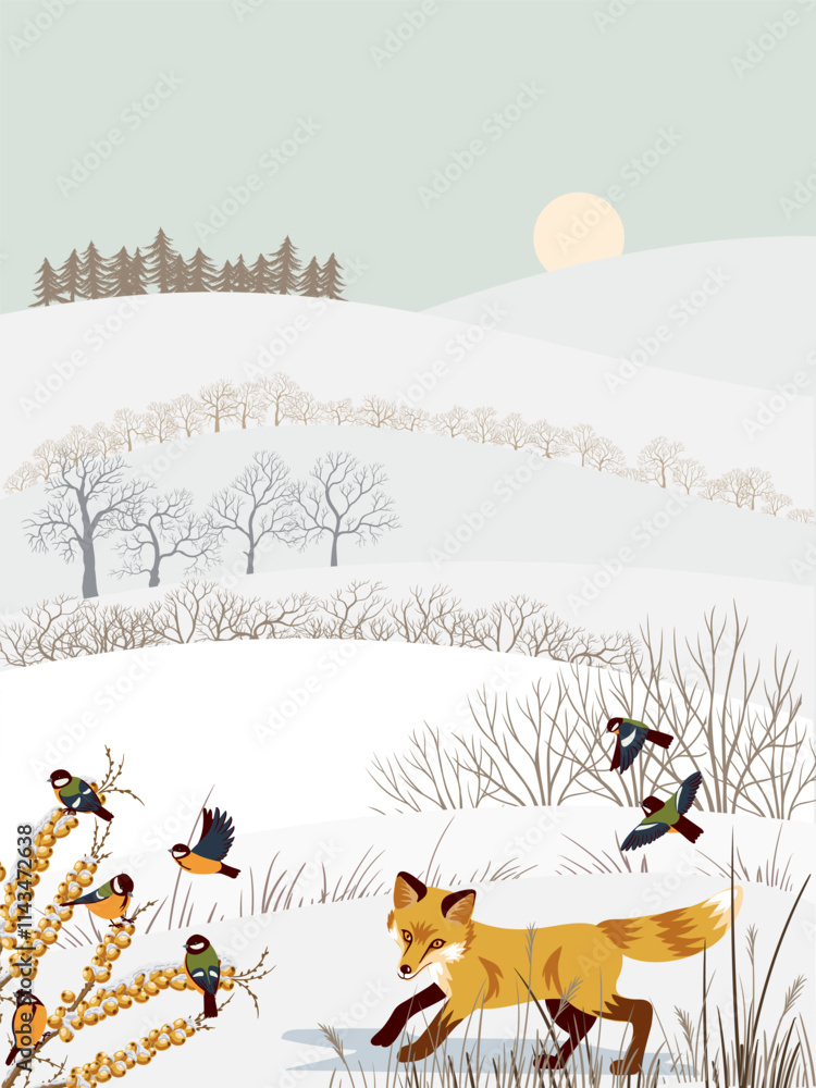 Naklejka premium vector drawing winter landscapes with great tit birds, red fox, snow, sun and trees, hand drawn illustration