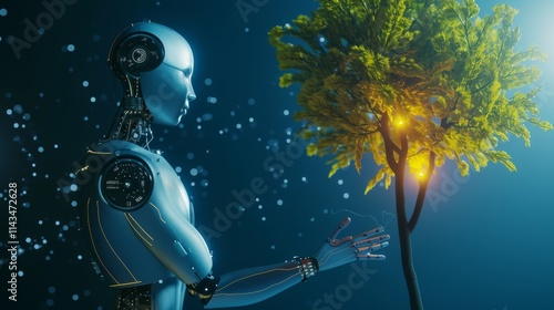 A futuristic robot interacts with a glowing tree in a serene, high-tech setting, evoking a balance between technology and nature. Ambient lighting enhances the visual. AI generated. photo