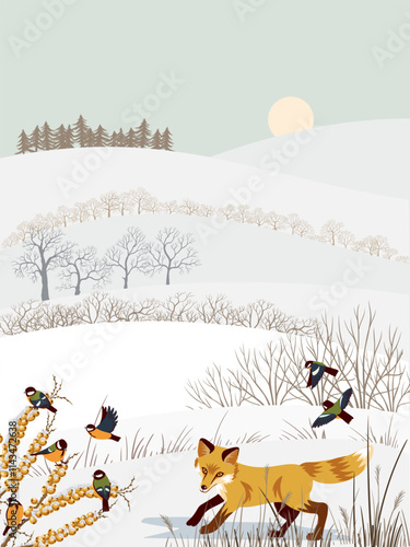 vector drawing winter landscapes with great tit birds, red fox, snow, sun and trees, hand drawn illustration