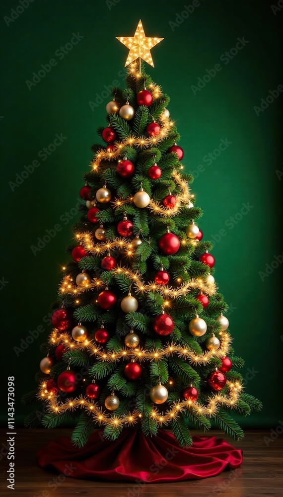 A beautiful Christmas tree decorated with ornaments and lights in front of a dark green backdrop, shining garlands, beautifully decorated A beautiful Christmas tree decorated with ornaments and lights in front of a dark green backdrop, shining garlands, beautifully decorated