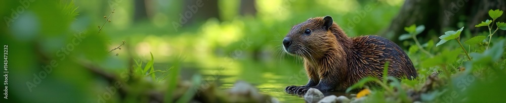 A beaver is concealed in the underbrush of a forest, foliage, nature lover A beaver is concealed in the underbrush of a forest, foliage, nature lover